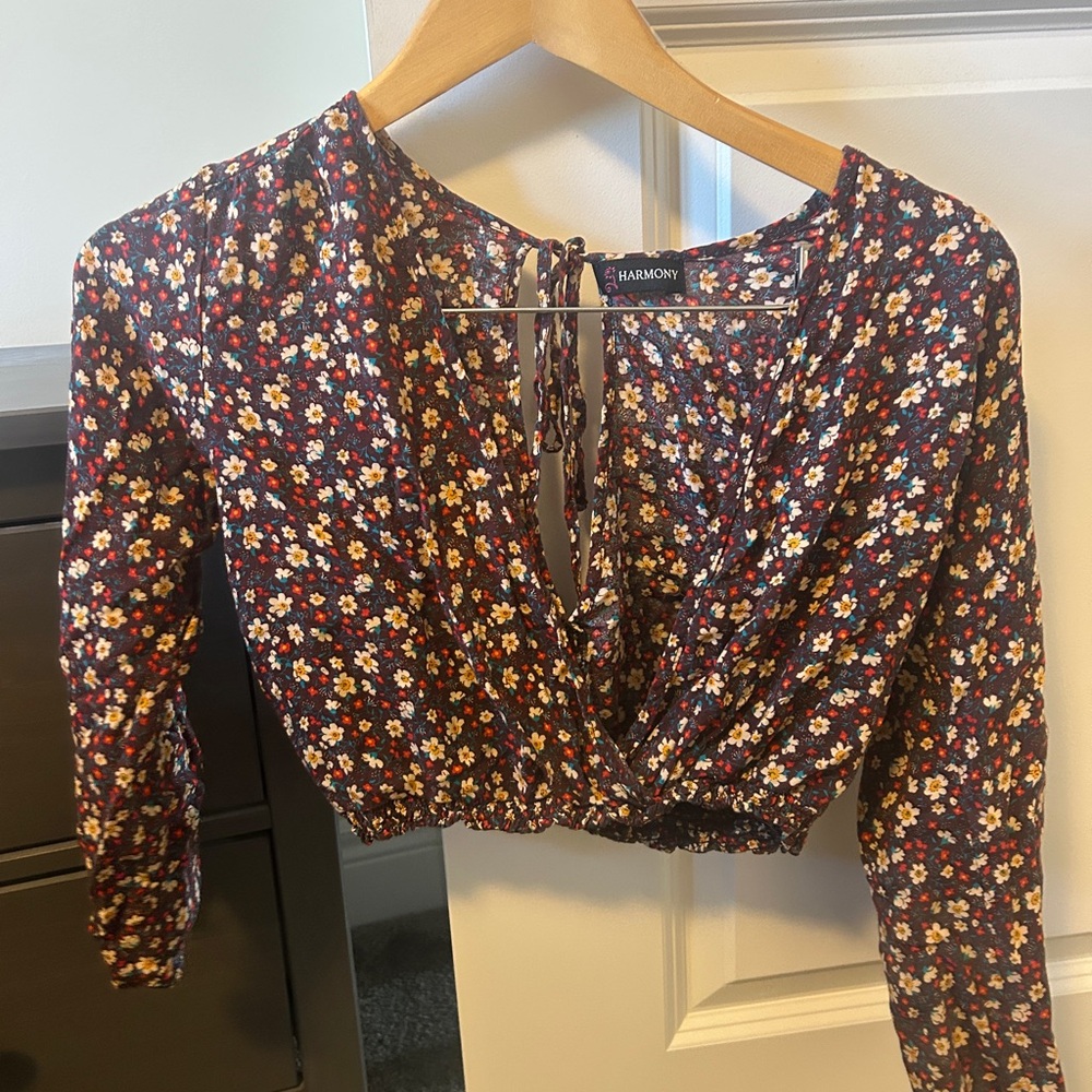 Brown and Red Tie Front Crop Top